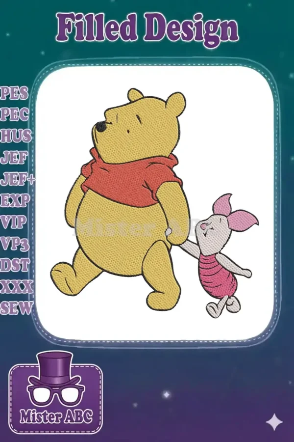 Winnie the Pooh and Piglet, iconic Disney characters, walking hand-in-hand in a charming embroidery design.