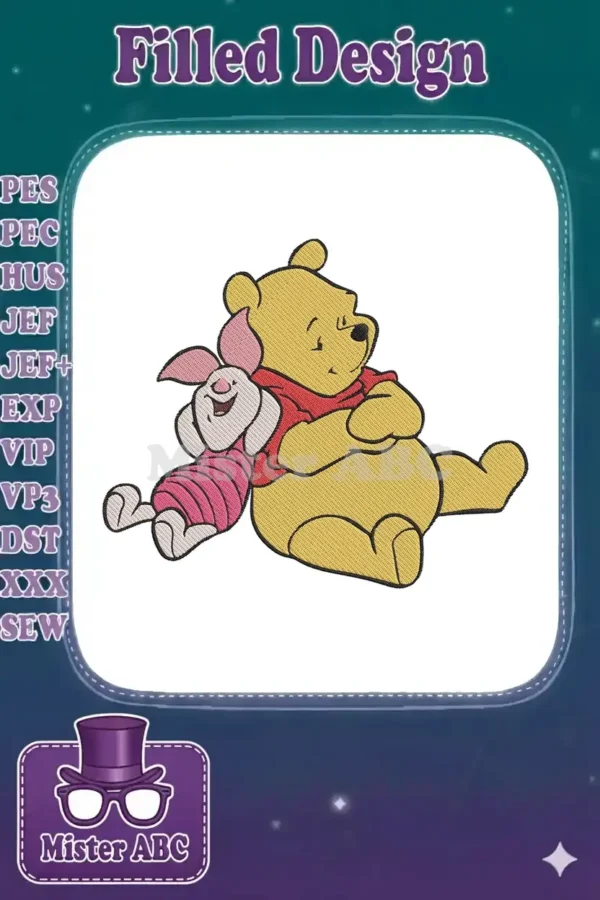 Close-up of a heartwarming embroidery design featuring Winnie the Pooh and Piglet in a loving embrace, showcasing detail.