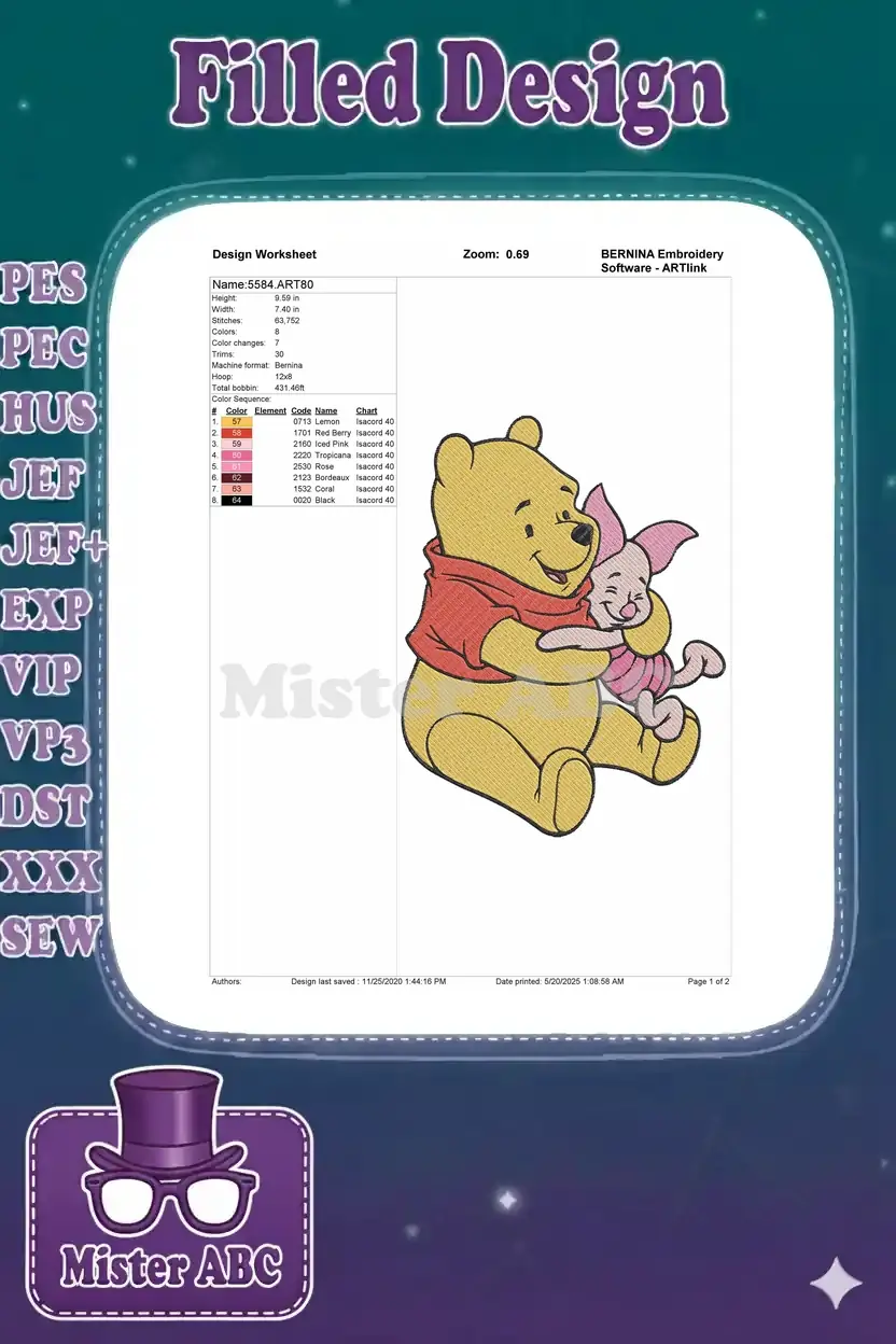 An embroidery design worksheet displaying dimensions, stitch count, color sequence, and thread details for the Pooh design.