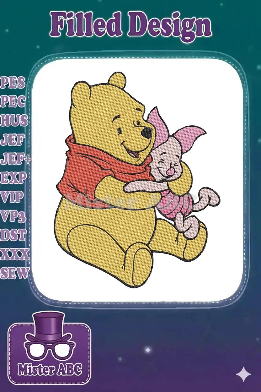 Winnie the Pooh, the beloved yellow bear, and his best friend Piglet, the small pink pig, sharing a warm hug.