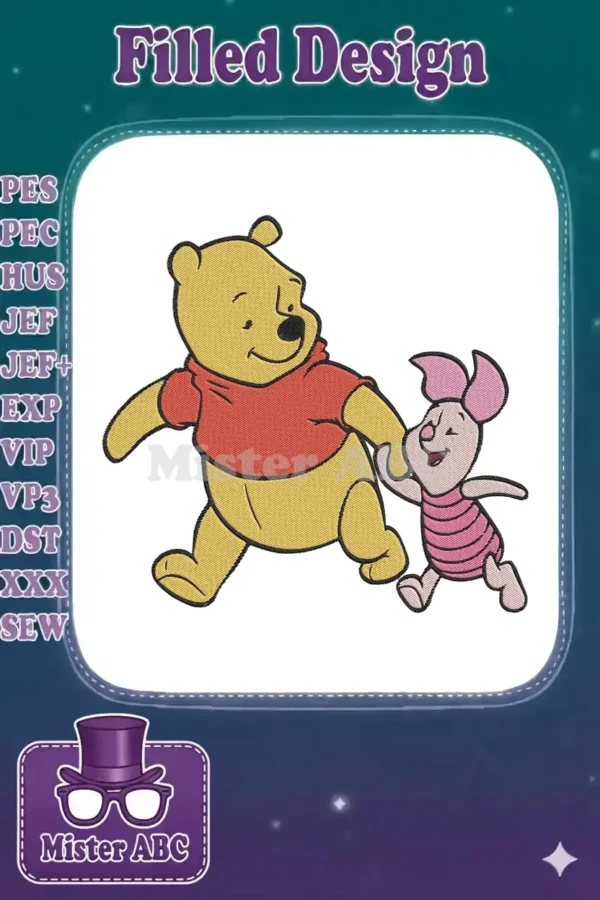 Winnie the Pooh and Piglet holding hands, walking in a cheerful embroidery design with vibrant colors.
