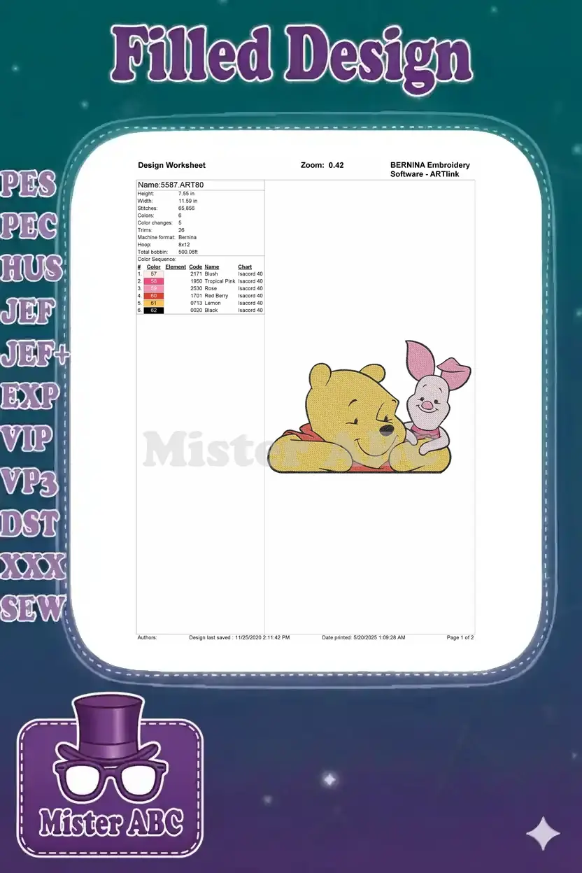 Embroidery design worksheet for Winnie the Pooh and Piglet, showing dimensions, stitch count, and color sequence details.