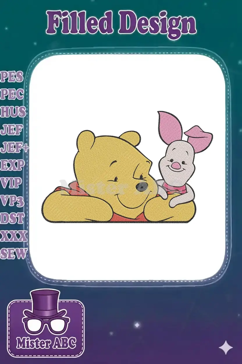 Embroidered Winnie the Pooh hugging Piglet, showcasing detailed stitching and vibrant yellow, pink, and red colors.