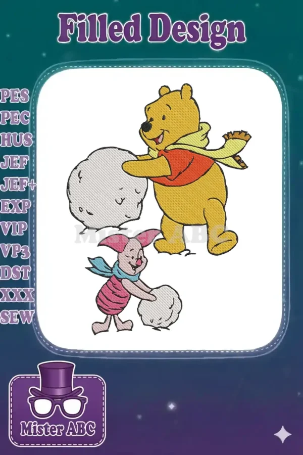Winnie the Pooh and Piglet playfully making snowballs, a delightful embroidery design for Disney fans.