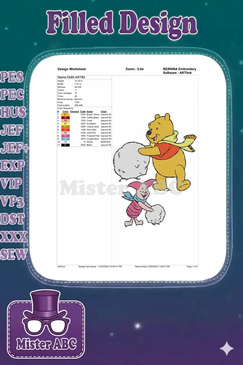 Detailed embroidery design worksheet for Winnie the Pooh and Piglet, showing specifications and colors.