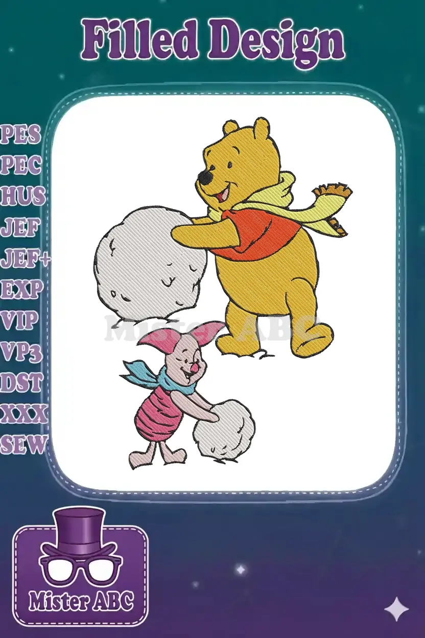 Winnie the Pooh and Piglet playfully making snowballs, a delightful embroidery design for Disney fans.