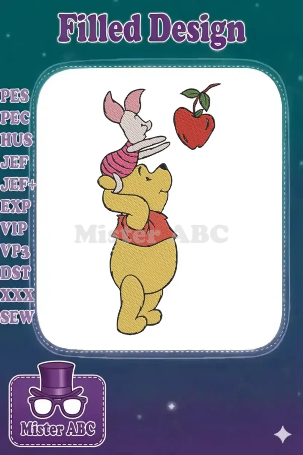 Winnie the Pooh holding Piglet up to reach a red apple, an adorable and detailed embroidery design.