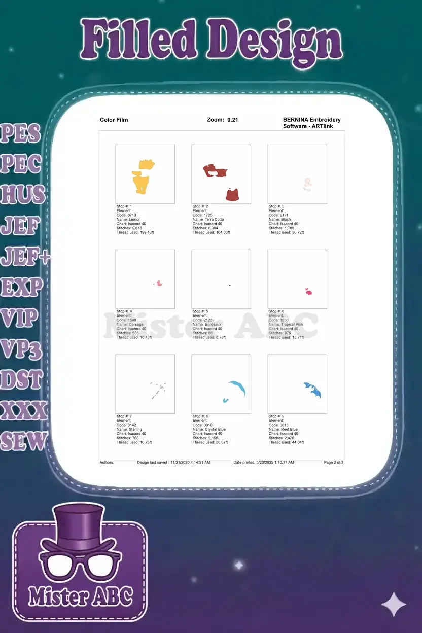 Part one of the embroidery color film, illustrating individual thread stops and stitch layers for precise detail.