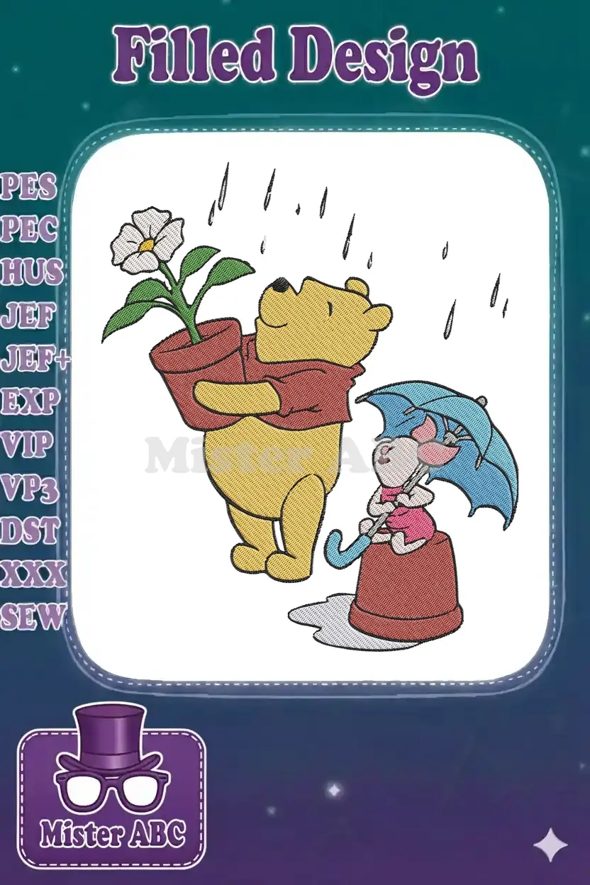 Delightful embroidery of Winnie the Pooh holding a potted flower and Piglet under a blue umbrella in gentle rain.