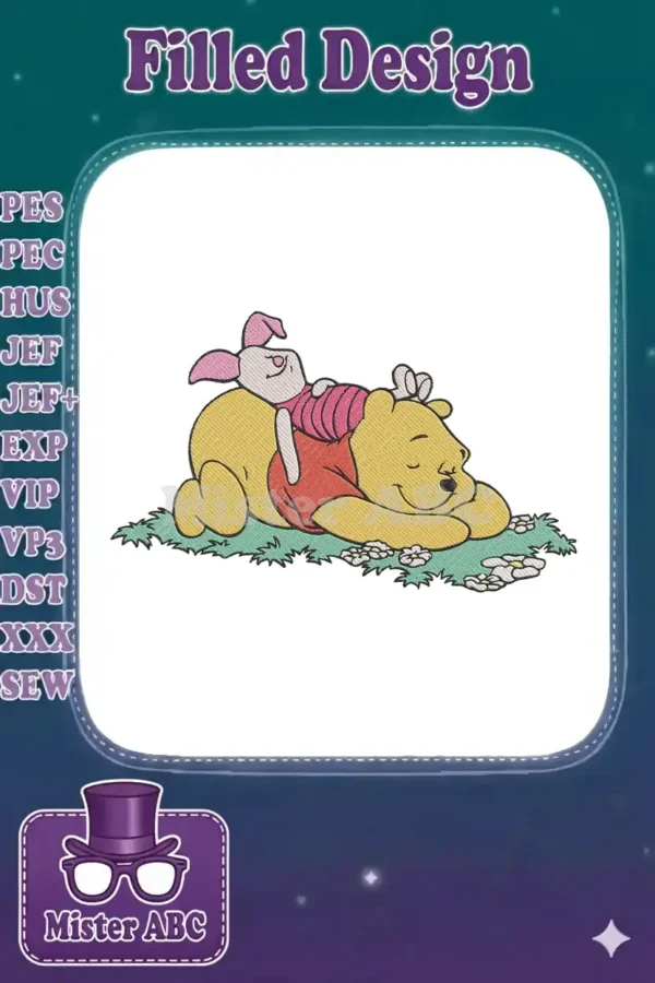 Winnie the Pooh and Piglet embroidery design, Pooh sleeping with Piglet on his back in a grassy field.