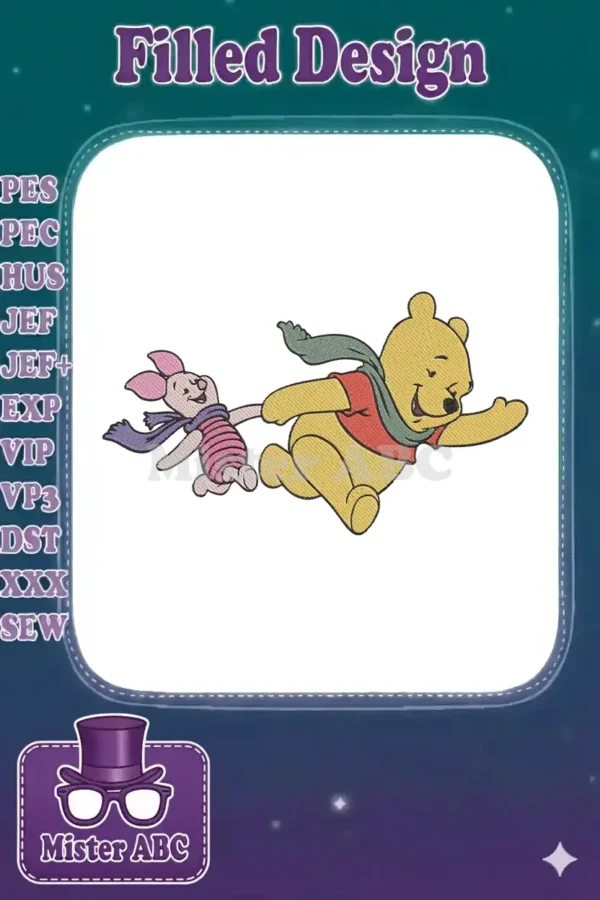 Winnie the Pooh and Piglet embroidery design, showcasing the beloved characters in a joyful, dynamic pose.