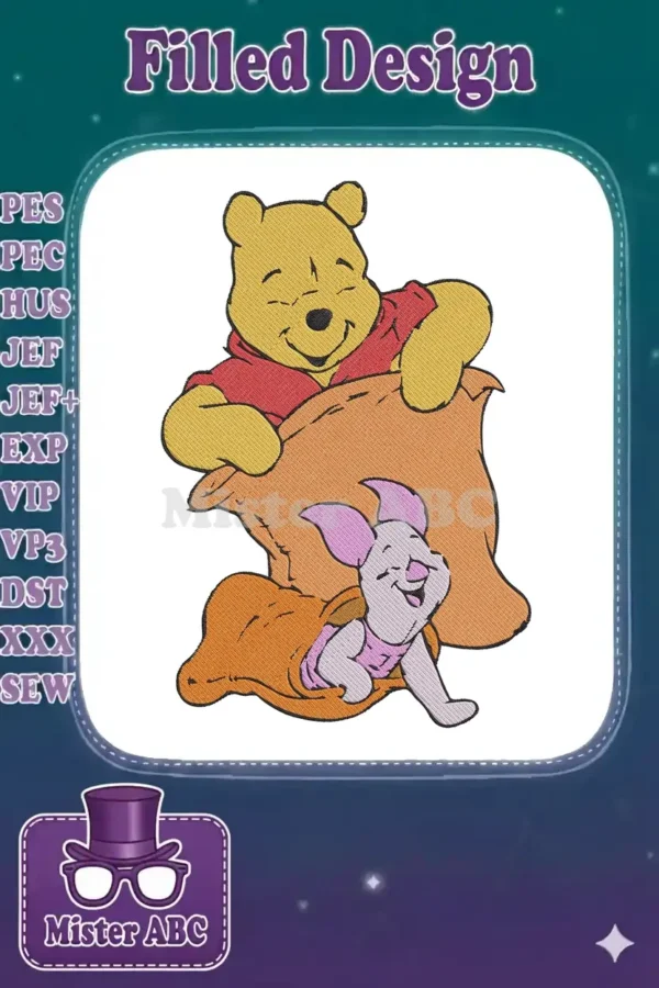 Winnie the Pooh and Piglet embroidery design, Pooh holding a sack as Piglet playfully peeks out.