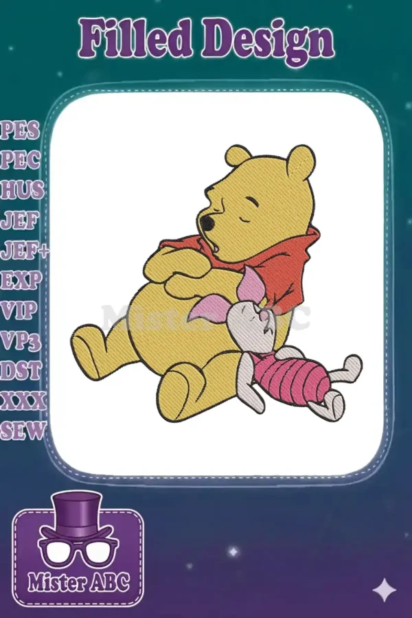 Winnie the Pooh and Piglet embroidery design, showing them sweetly sleeping together in a warm embrace.