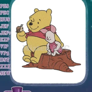 Winnie the Pooh and Piglet sitting on a tree stump, with Pooh holding a small snail. A heartwarming scene.