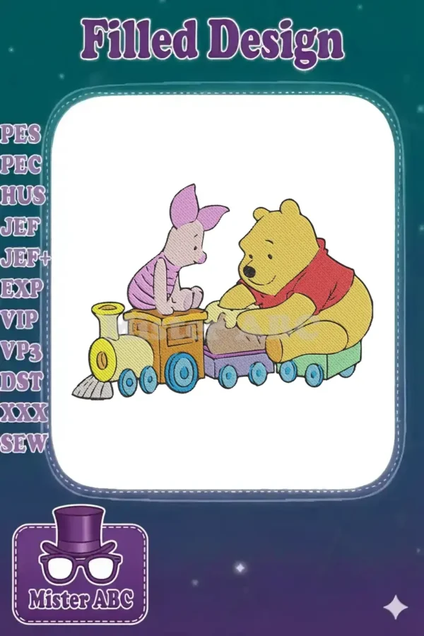 A charming embroidery design depicting Winnie the Pooh and Piglet riding a colorful toy train. Perfect for children's items.
