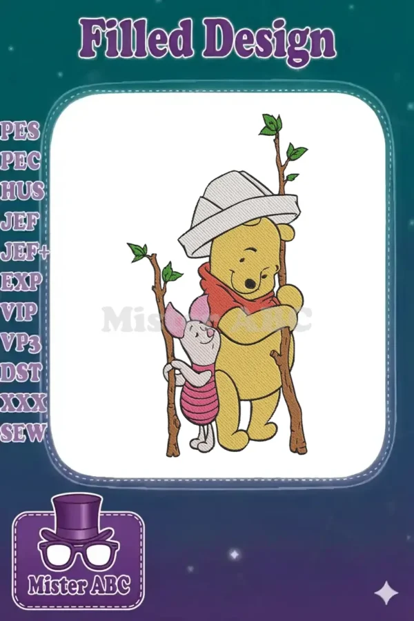 Winnie the Pooh and Piglet embroidery design, Pooh wearing a hat and scarf, both holding walking sticks.