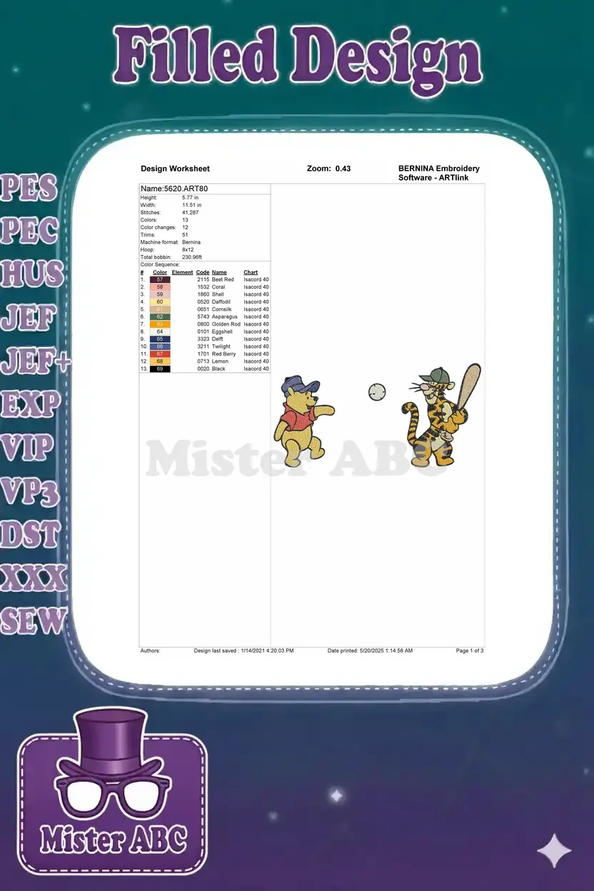 Embroidery design worksheet for Pooh and Tigger baseball, detailing dimensions, stitch count, and color chart.