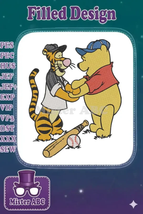 Tigger and Winnie the Pooh embroidery design, dressed in baseball uniforms, holding hands with a bat and ball.