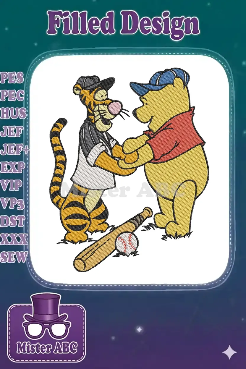 Tigger and Winnie the Pooh embroidery design, dressed in baseball uniforms, holding hands with a bat and ball.