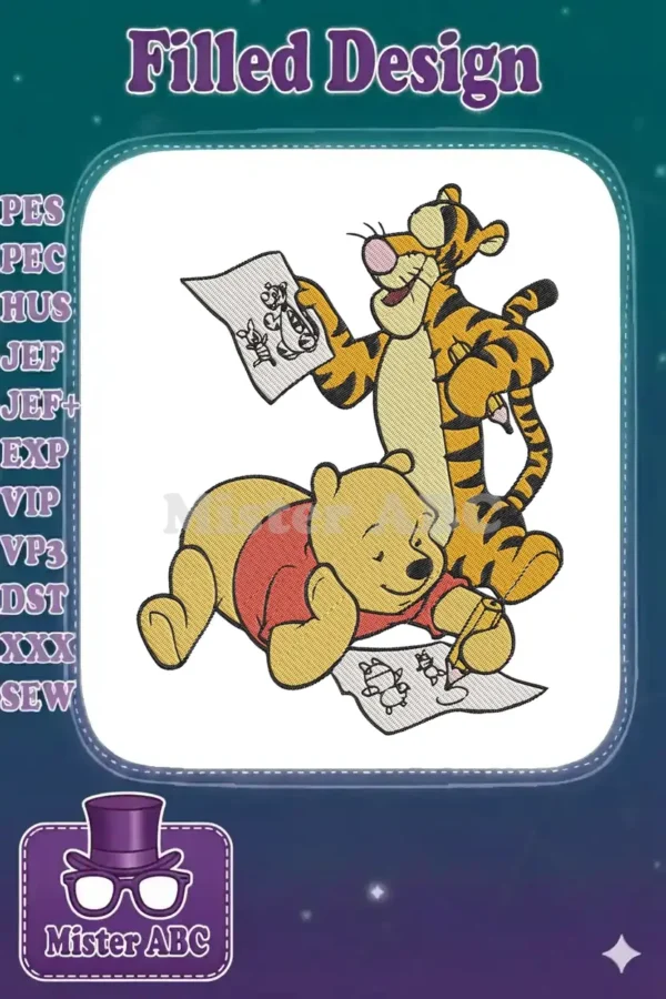 Winnie the Pooh and Tigger embroidery design, Tigger holding a drawing, Pooh sketching. A vibrant, detailed design.