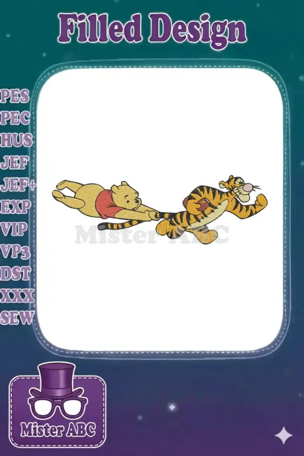 Winnie the Pooh holding Tigger's tail as Tigger bounces forward, a lively and beloved character embroidery.