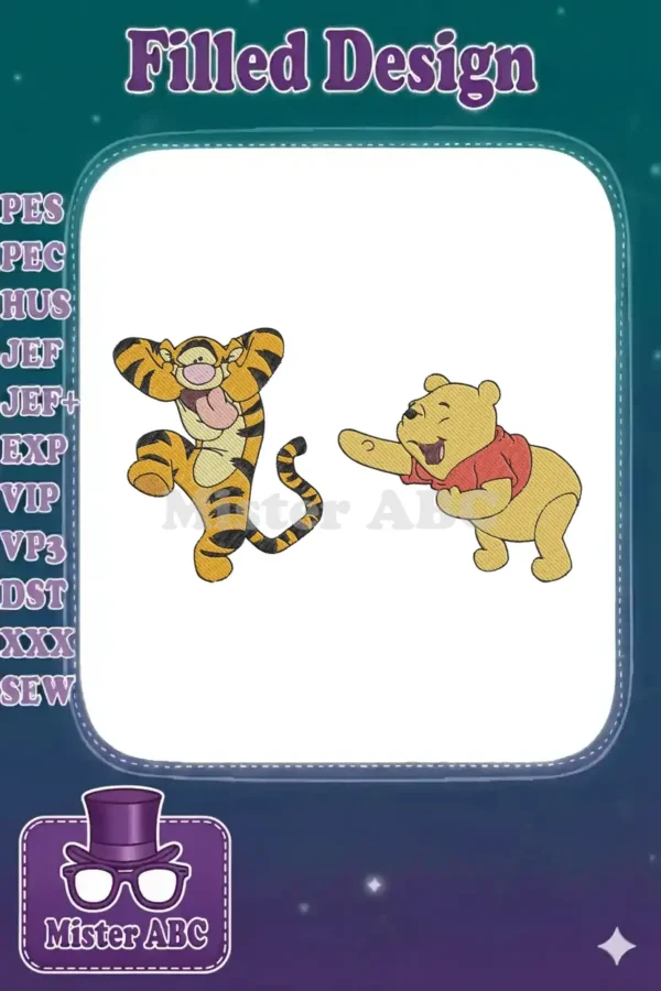 Vibrant embroidery of Tigger bouncing joyfully with tongue out, alongside a laughing Winnie the Pooh reaching out.