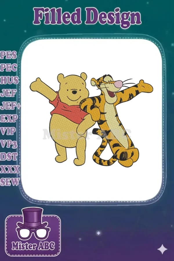 A vibrant embroidery design showcasing Winnie the Pooh and Tigger joyfully posing together in a classic style.