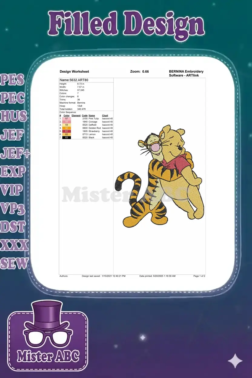 Embroidery design worksheet for Pooh and Tigger, showing dimensions, stitch count, color sequence, and machine details.