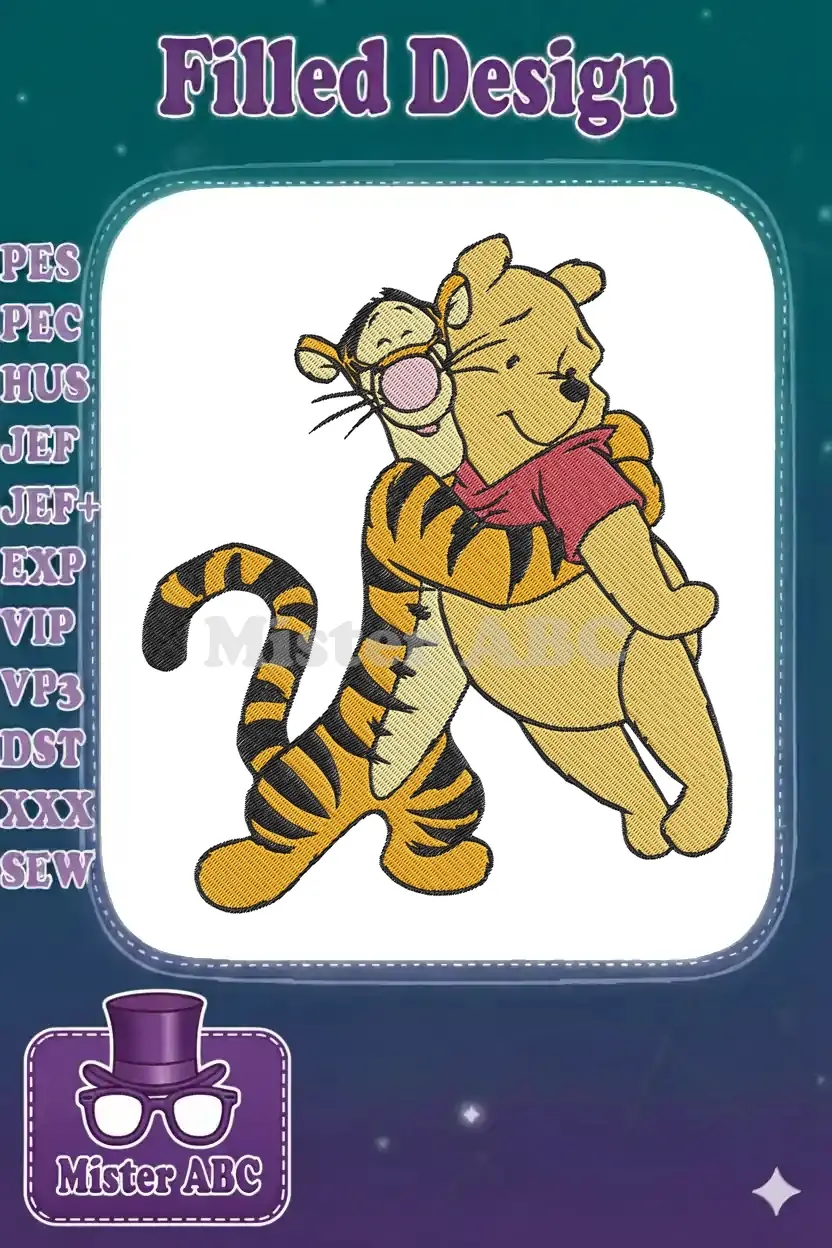 Winnie the Pooh and Tigger embroidery design, featuring Tigger hugging Pooh from behind, both smiling joyfully.
