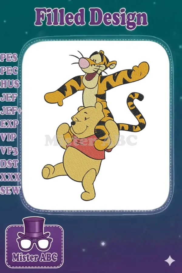 A vibrant embroidery design featuring Winnie the Pooh carrying Tigger on his back, both characters smiling brightly.