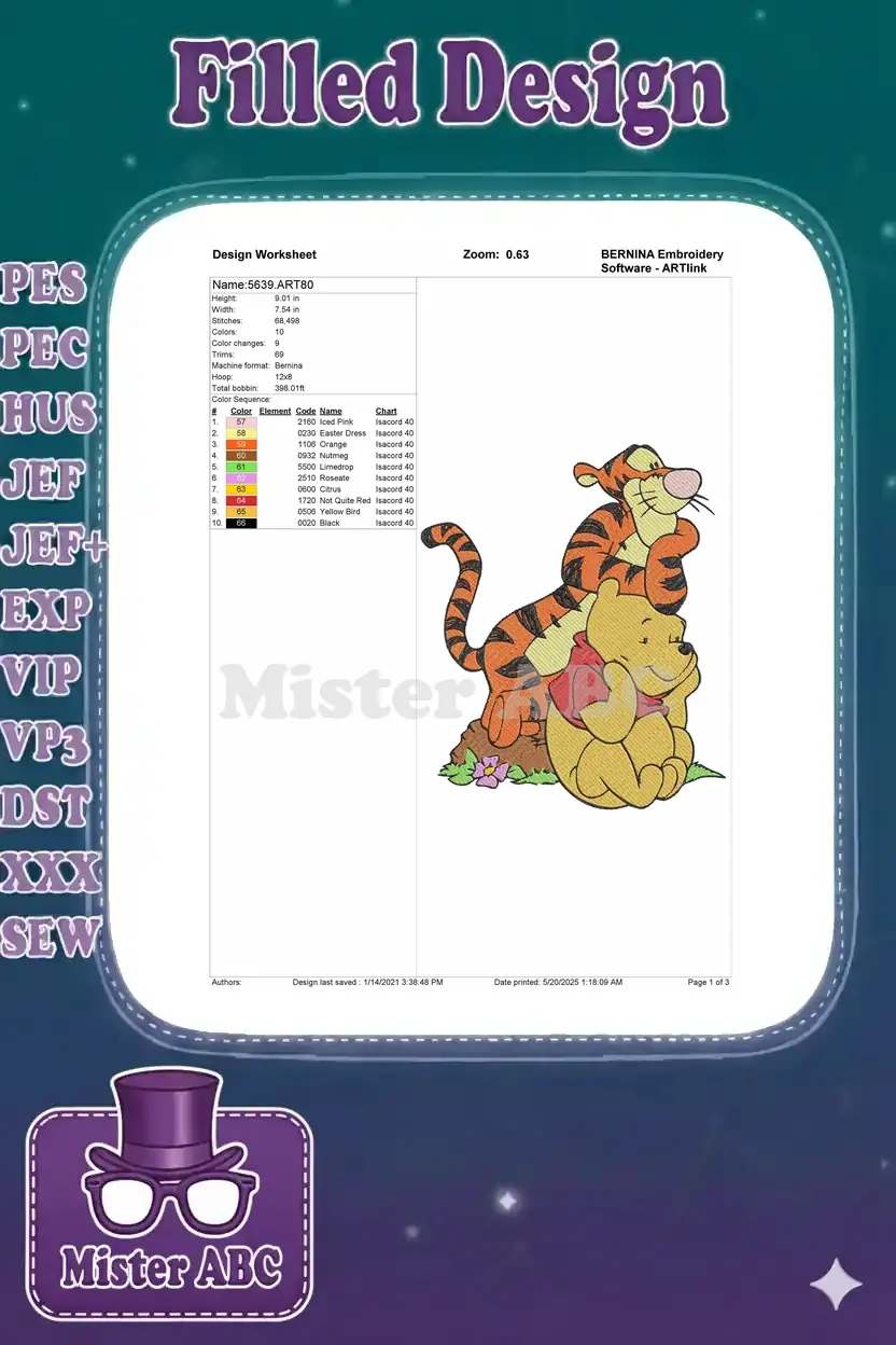 An embroidery design worksheet displaying technical specifications like dimensions, stitch count, color sequence, and thread types.
