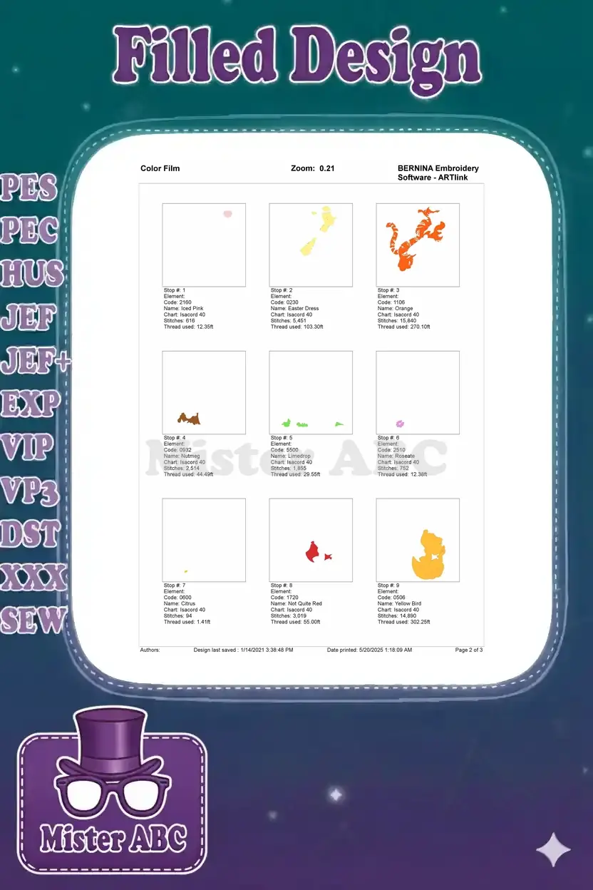 The first page of a color film document showing the progressive stitch-out of the embroidery design by individual color elements.
