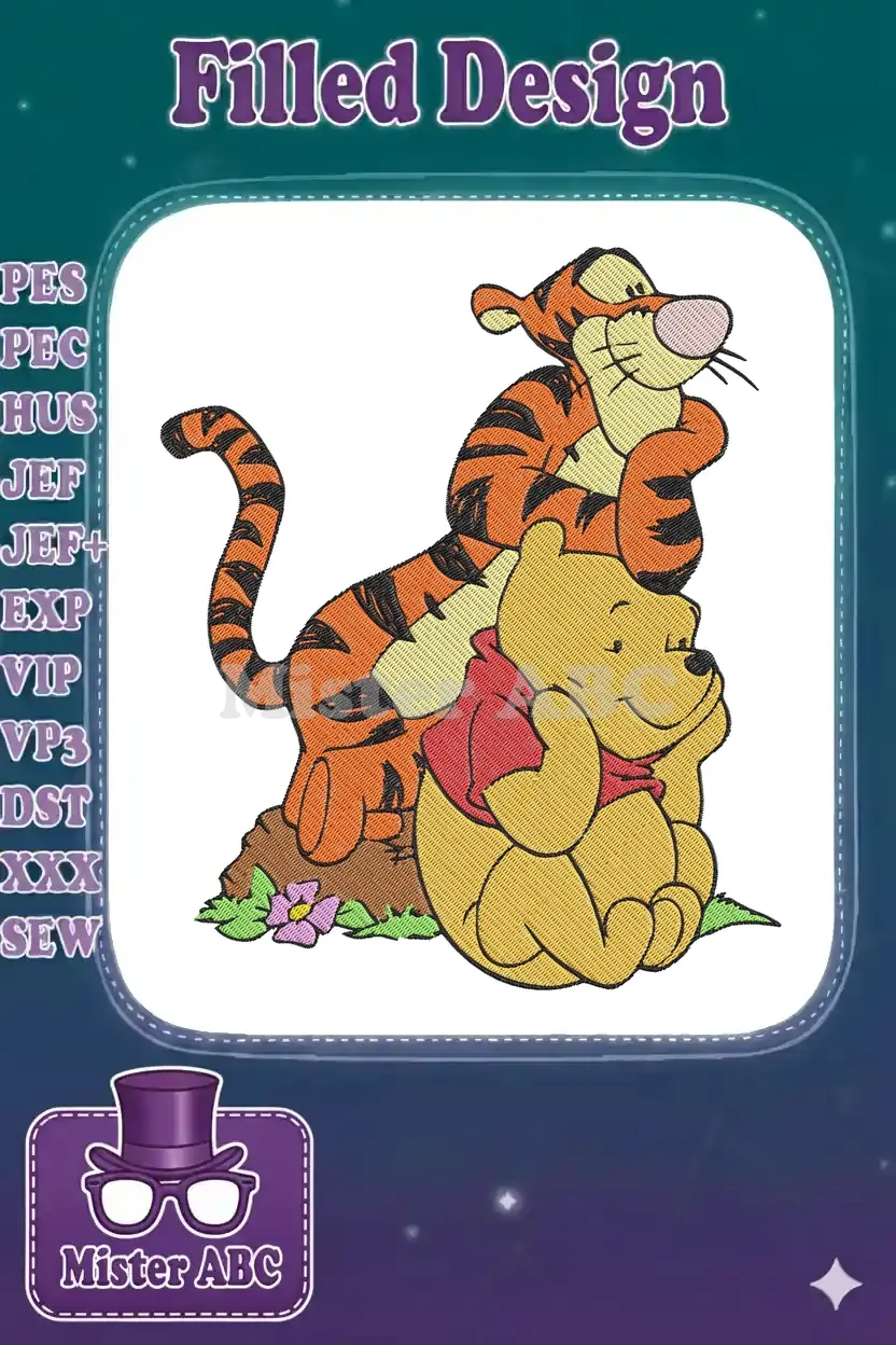 A cheerful embroidery design featuring Winnie the Pooh resting against Tigger, both smiling on a grassy patch.