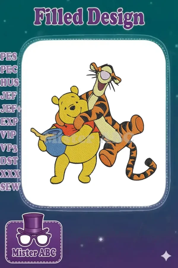 A delightful embroidery design featuring Winnie the Pooh holding a honey pot, embraced by a playful Tigger.