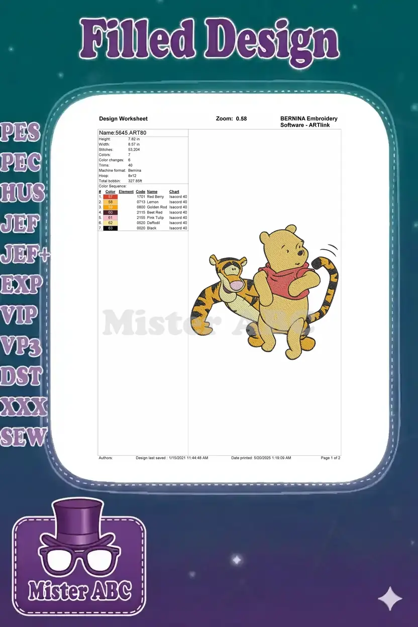 Embroidery design worksheet for Pooh and Tigger, detailing dimensions, stitch count, and color sequence.