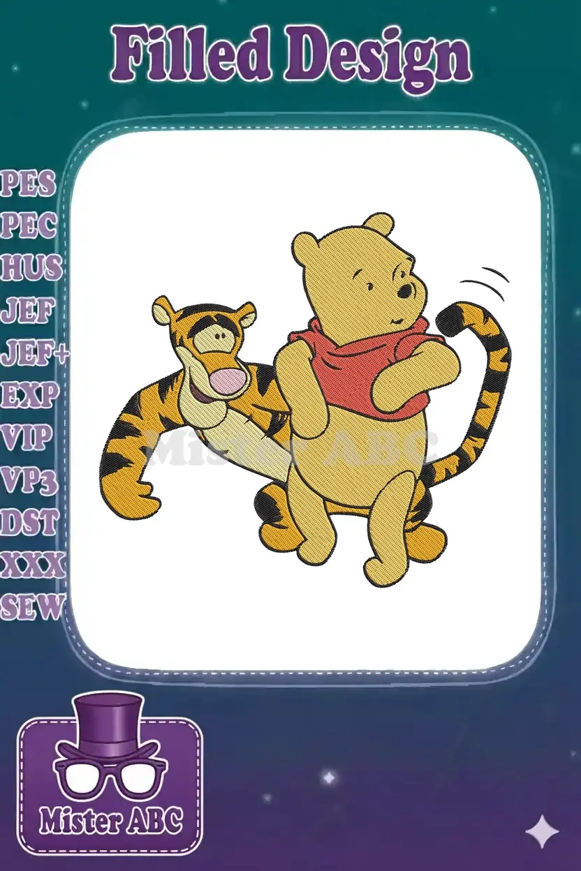 Winnie the Pooh and Tigger embroidery design, featuring Pooh in a red shirt and Tigger bouncing behind him.