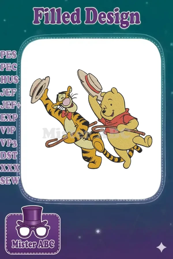 Winnie the Pooh and Tigger joyfully dancing with straw hats and canes, a charming and playful embroidery design.