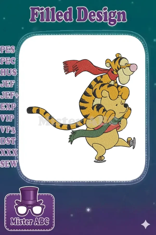 Winnie the Pooh and Tigger ice skating embroidery design, showcasing their playful winter adventure together.
