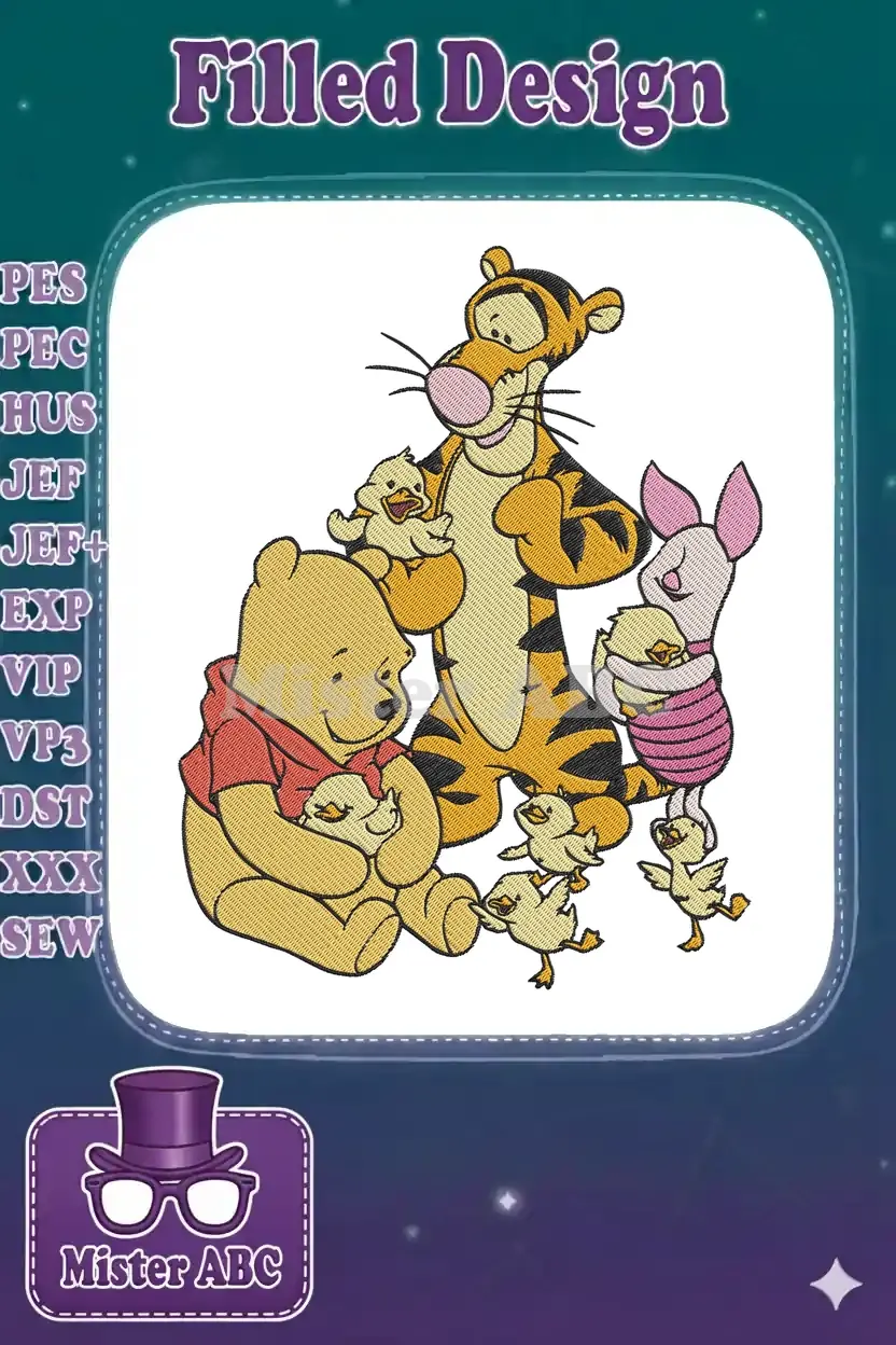 Winnie the Pooh, Tigger, and Piglet embracing and playing with adorable yellow chicks in a heartwarming scene.