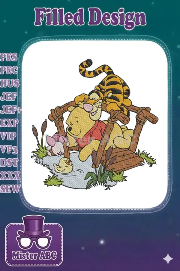 Winnie the Pooh and Tigger playing on a wooden bridge with Piglet and a duck, a vibrant embroidery design.