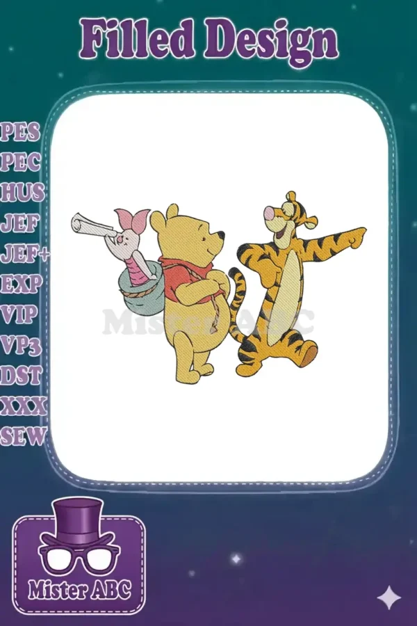 Winnie the Pooh, Piglet, and Tigger embroidery design, showcasing their iconic friendship and playful poses.