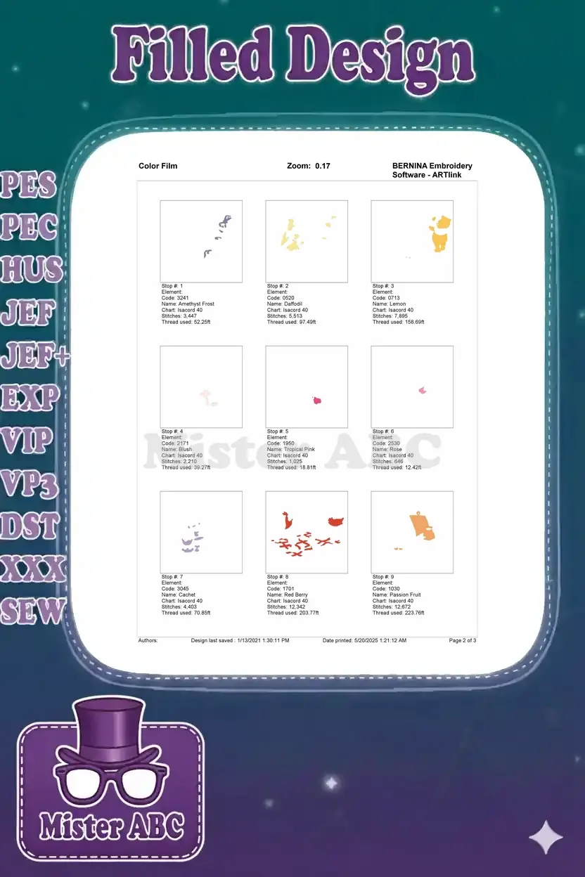 First page of the color film breakdown for the Winnie the Pooh picnic embroidery, showing initial stitch elements.