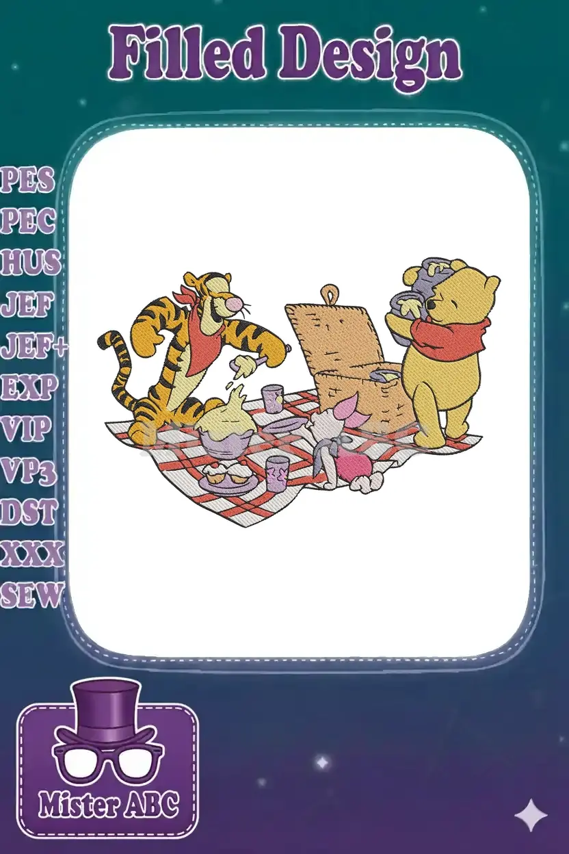Vibrant Winnie the Pooh, Tigger, and Piglet enjoying a lively picnic scene, perfect for whimsical embroidery.