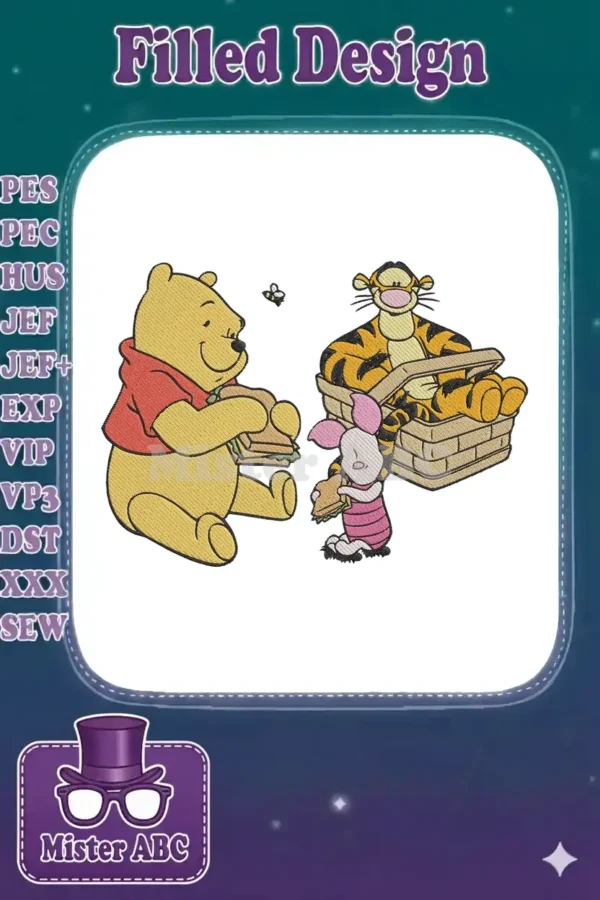 Winnie the Pooh, Tigger, and Piglet enjoying a picnic with sandwiches, a bee buzzing overhead. A fun, whimsical scene.