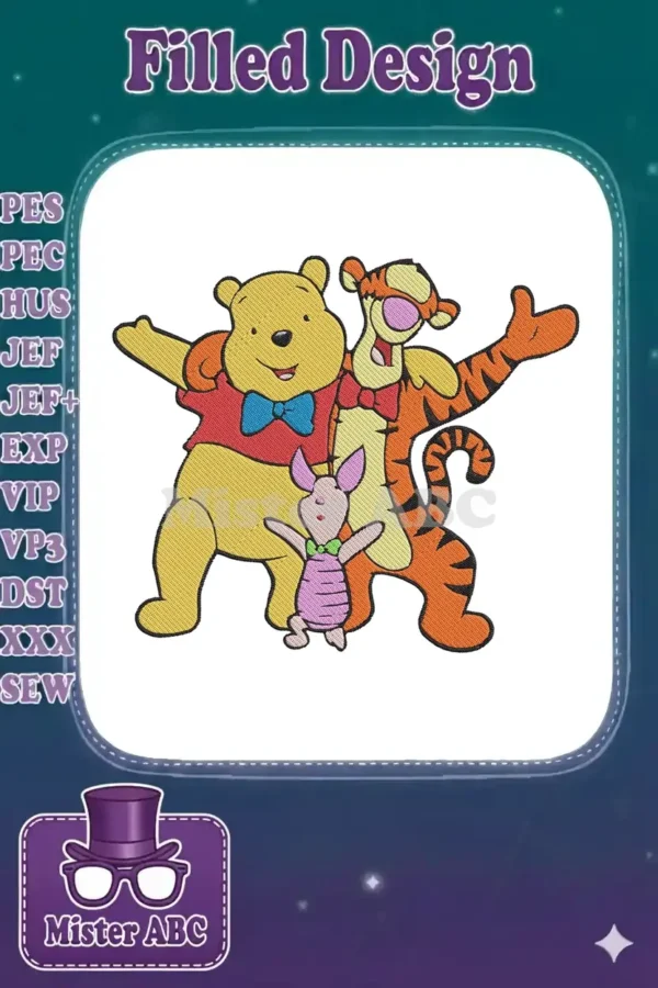 Vibrant embroidery design featuring Winnie the Pooh, Tigger, and Piglet embracing, perfect for any fan.