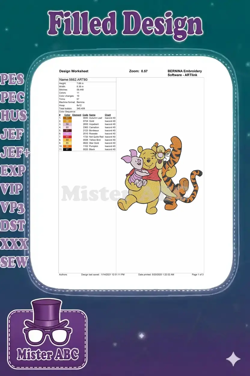 Embroidery design worksheet for Winnie the Pooh, Piglet, and Tigger, showing specifications and color chart.
