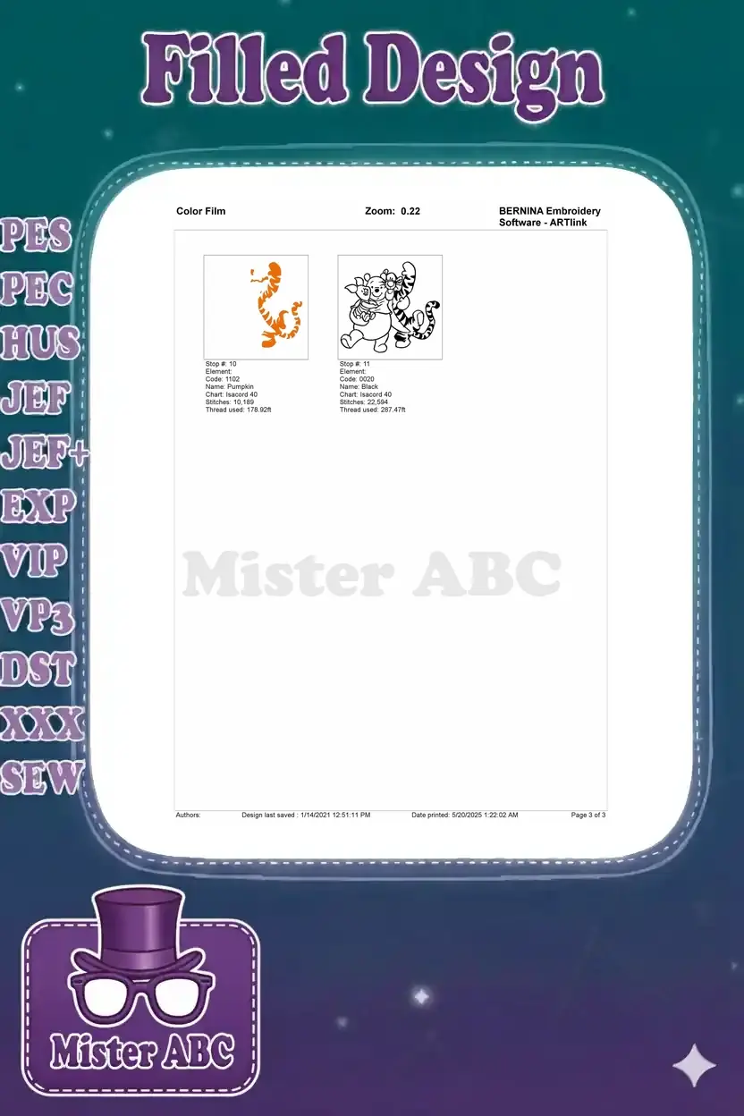 Final five color stop breakdowns for the Winnie the Pooh, Piglet, and Tigger embroidery design.