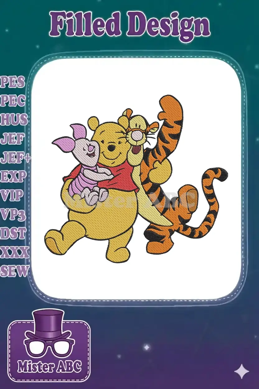 Winnie the Pooh, Piglet, and Tigger sharing a joyful, heartwarming embrace. A vibrant, detailed machine embroidery design.