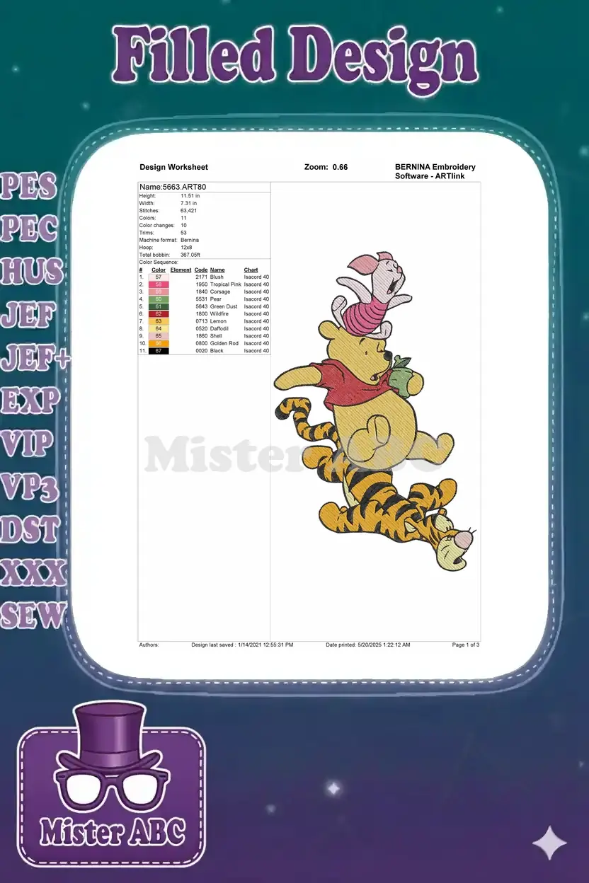 Detailed embroidery design worksheet for 5663.ART80, showing dimensions, colors, and thread chart.