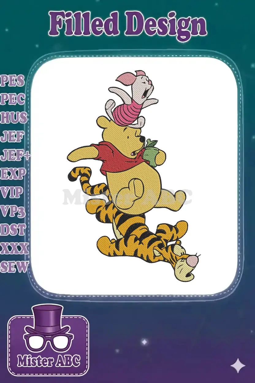 Adorable stacked embroidery design of Winnie the Pooh, Piglet, and Tigger, full of playful charm.